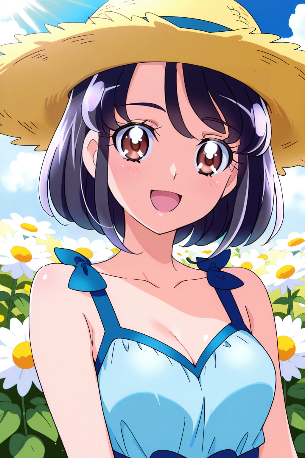 <lora:Mahoutsukai_Precure:1>, Mahoutsukai_Precure, 1girl, hat, solo, flower, black hair, short hair, brown eyes, smile, looking at viewer, straw hat, dress, upper body, open mouth, collarbone, cleavage, white flower, bare shoulders, :d, sleeveless, medium breasts, sun hat, outdoors