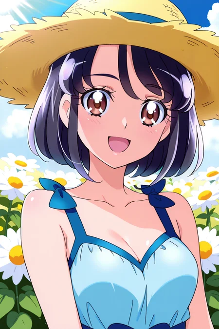 <lora:Mahoutsukai_Precure:1>, Mahoutsukai_Precure, 1girl, hat, solo, flower, black hair, short hair, brown eyes, smile, looking at viewer, straw hat, dress, upper body, open mouth, collarbone, cleavage, white flower, bare shoulders, :d, sleeveless, medium breasts, sun hat, outdoors