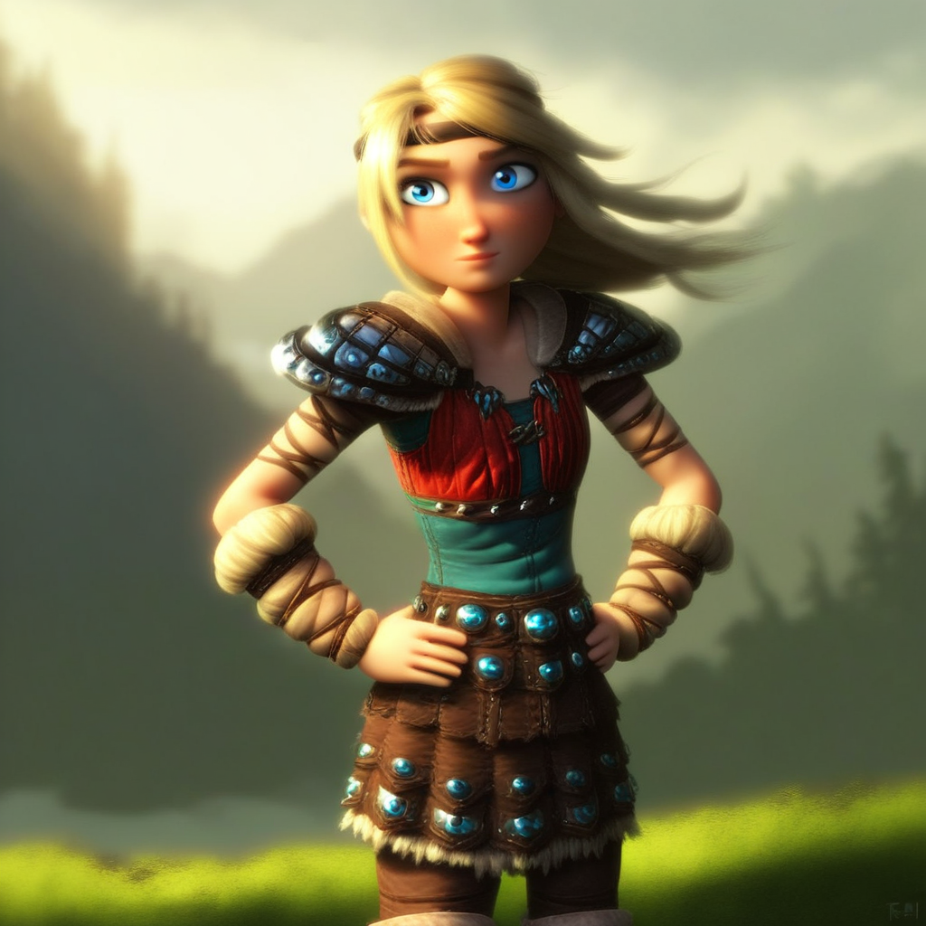score_9, solo, astrid, blonde hair, long hair, headband, blue eyes, armor, hands on hips, outdoors, natural lighting