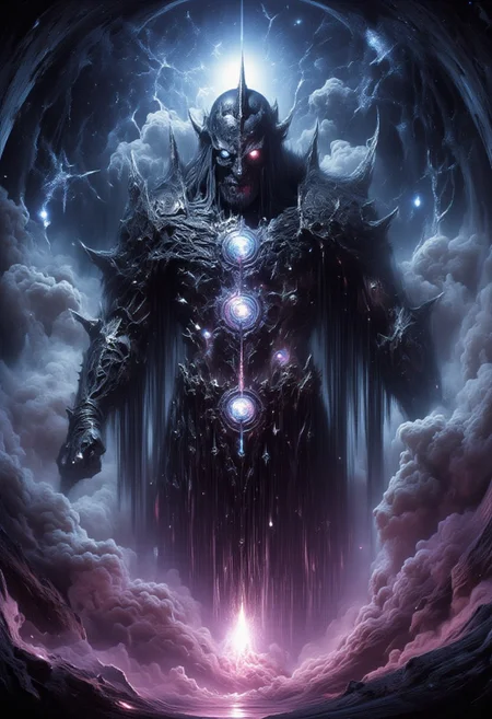 A massive dark silhouette demonic god of knowledge wisdom and madness:1, chaos god, lord of the abyss, Multiple glowing eyes:3, cosmic, dark energy , glowing eyes, extra eyes, horror \(theme\) ,( dark silhouette:1.2), magic, glowing  entropymagic, fantasy, dissolving, decay<lora:dark_fantasy_flux:0.83> <lora:FredFraiStyle-FLUX-Share:0.63> <lora:sxz-Dark-Fantasy-v2-Flux:0.33> drkfnts style,