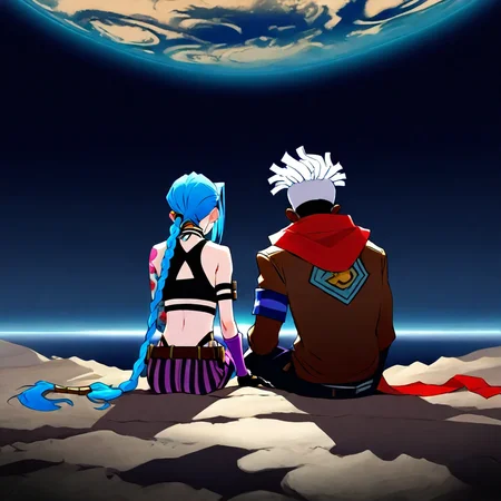 <lora:sitting_couple_IllustriousXL-000006:1>,masterpiece, highres, sitting , side-by-side, blue earth (planet), from behind, sitting on lunar surface, BREAK, 1girl, jinx, blue hair, pale skin, choker, long blue twin pigtails, tattoo,crop top, sleeve, armbands, purple striped pants, gloves, belt, BREAK, 1boy, ekko, ekko (league of legends), dreads, dreadlocks, white hair, short hair, dark-skinned male, sleeveless, sleeveless shirt, scarf, pants, white nose