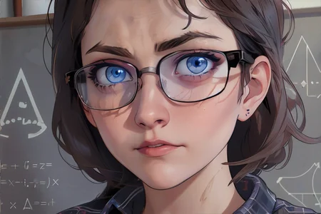 <lora:mathlady-incursio:1.00>, MathLadyMeme, text, english text, <lora:bzl:0.8>, bzl_test, glasses, flannel shirt, (blue|grey) eyes, <clip:skip:2> || skin, hair, text, chalk, masterpiece, 8k, high resolution, shallow depth of field, sharp focus