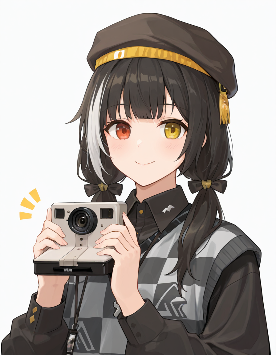 Volumetric Lighting, (masterpiece), (best quality), (ultra-detailed), masterpiece, source_anime, score_9, score_8_up, score_7_up BREAK, illustration, disheveled hair, detailed eyes, perfect composition, moist skin, intricate details, detailed eyes, detailed face, detailed fingers BREAK, heterochromia, red eye, yellow eye, black hair, low twintails, streaked hair, white hair BREAK, MonochromeJungleBird, MJB_checkered_sweater_vest, MJB_necklace,MJB_collared_shirt, MJB_beret, heterochromia, red eye, yellow eye, MJB_camera,hair bow BREAK, ((white background)),looking at viewer, smile, upper body, holding camera