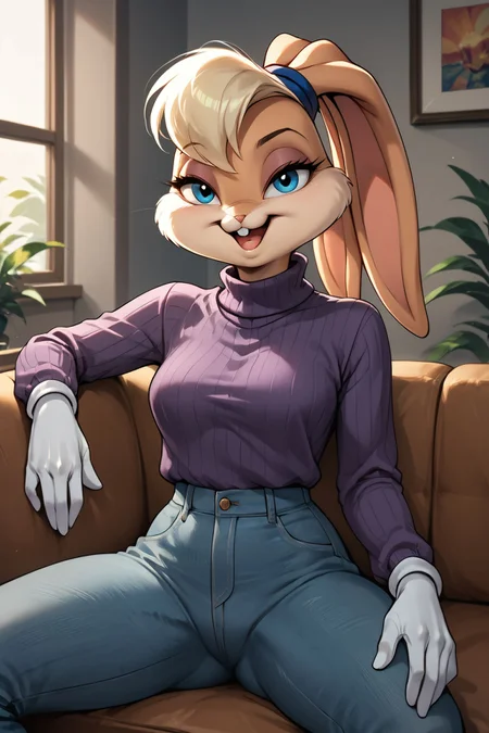 zPDXL3, <lora:LolaBunny:.5>
lolabunny, furry female, rabbit ears, animal nose, white gloves, blue eyes, body fur, purple turtleneck sweater, long sleeves, jeans, looking at viewer, smiling, mouth open, sitting, on couch, spreading legs, inside cozy living room,