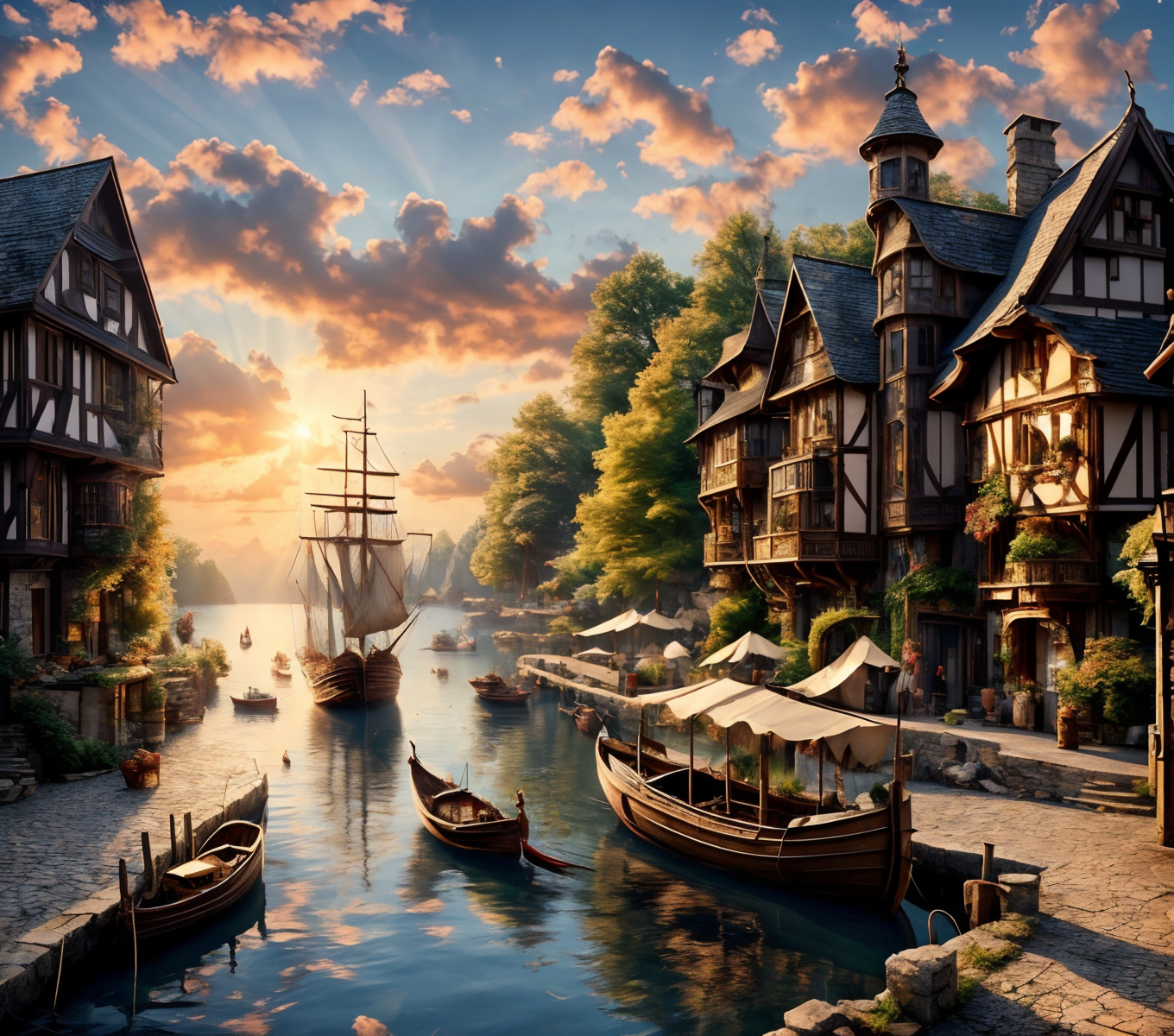 RAW photo, (masterpiece:1.3), subsurface scattering, heavy shadow, (high quality:1.4), (intricate, high detail:1.2), professional photography, HDR, High Dynamic Range, realistic, ultra realistic, photorealistic, high resolution, film photography, ambient lighting, atmospheric effects, <lora:detail_slider_v4:2>, OverallDetail,  <lora:HarborAndDocks:1>, boat, building, cloud, flag, hado, no humans, outdoors, pier, river, scenery, seagull, sky, sunlight, tree, water, watercraft