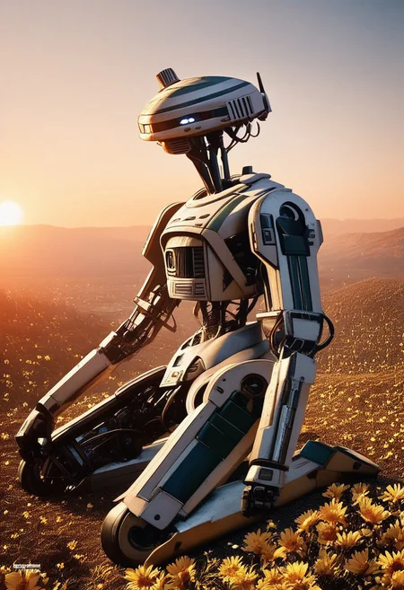 score_9, score_8_up, score_7_up, score_6_up, score_5_up, score_4_up, l3-37, full body, cinematic photo of a male robot, sitting on a mossy rock on a high mountain above clouds, early morning, looking at sunrise, flowers, soft light, dreamy glow, atmospheric, tranquil, editorial photo, dramatic angle, ink splatter, cel-shading, cartoon, detailed background