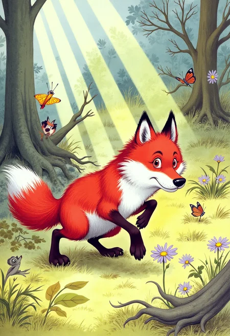 Old book illustration style, colored drawing of a playful red fox kit tumbling through a sunlit forest floor covered with fallen leaves and wildflowers. The fox has bright, fluffy fur with white-tipped tail and curious amber eyes. Around it, butterflies flutter and small woodland creatures peek from behind mossy rocks and tree roots. Soft rays of sunlight filter through the leafy canopy, creating dappled patterns on the ground. The colors are warm and natural, with fine brushwork and a gentle, whimsical storybook feel. <lora:oldillustration_V1.1:0.9>