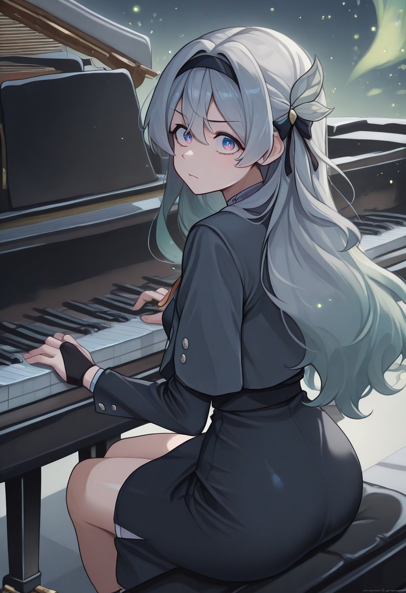 masterpiece, best quality, amazing quality, very aesthetic, absurdres, newest,  amazing detail, intricate detail, firefly, jepella, grand piano, sitting, playing piano