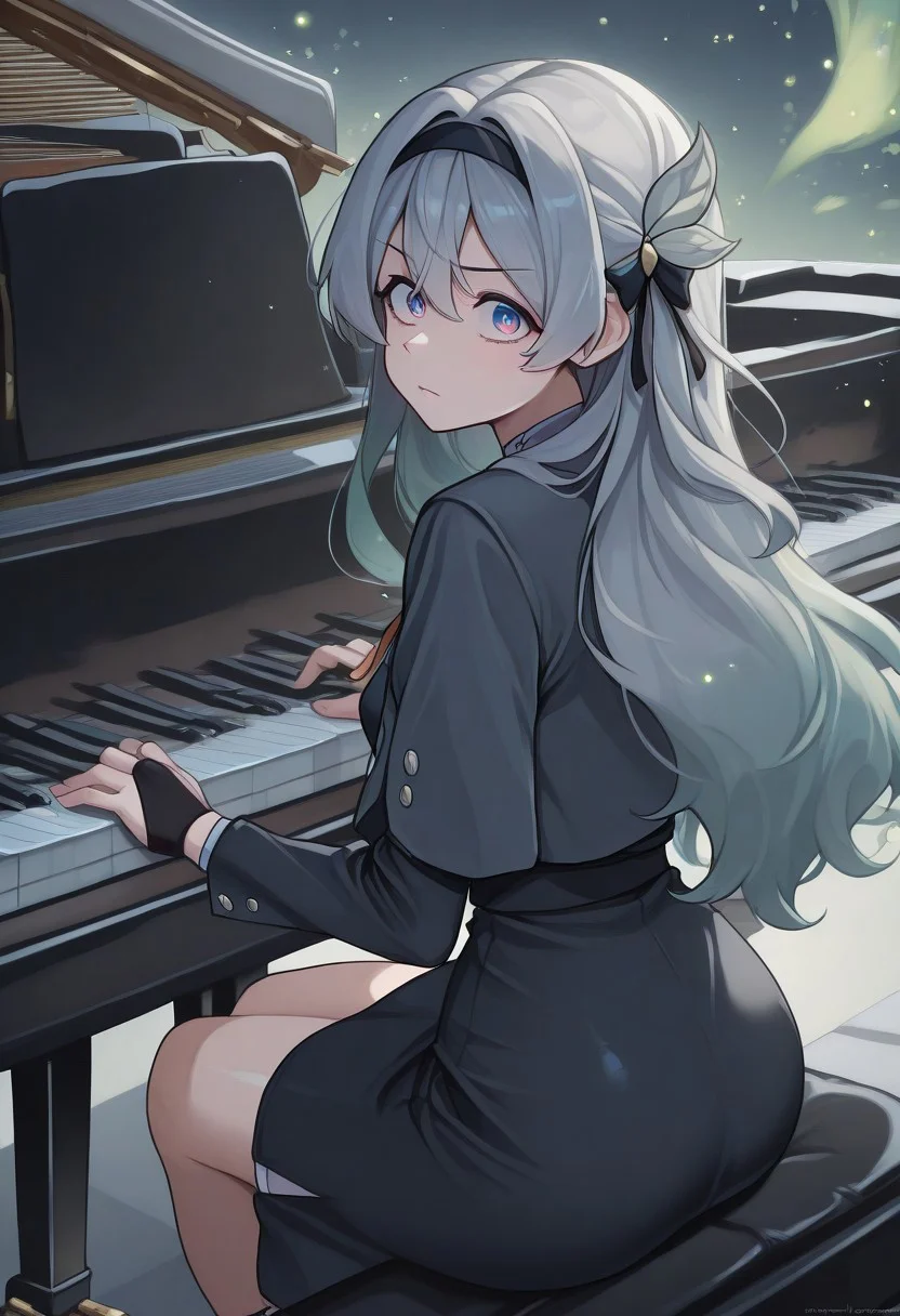 masterpiece, best quality, amazing quality, very aesthetic, absurdres, newest,  amazing detail, intricate detail, firefly, jepella, grand piano, sitting, playing piano