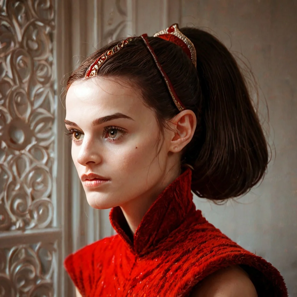 score_9, score_8_up, score_7_up, score_6_up, Padmé Amidala, Red dress, brown hair, ponytail