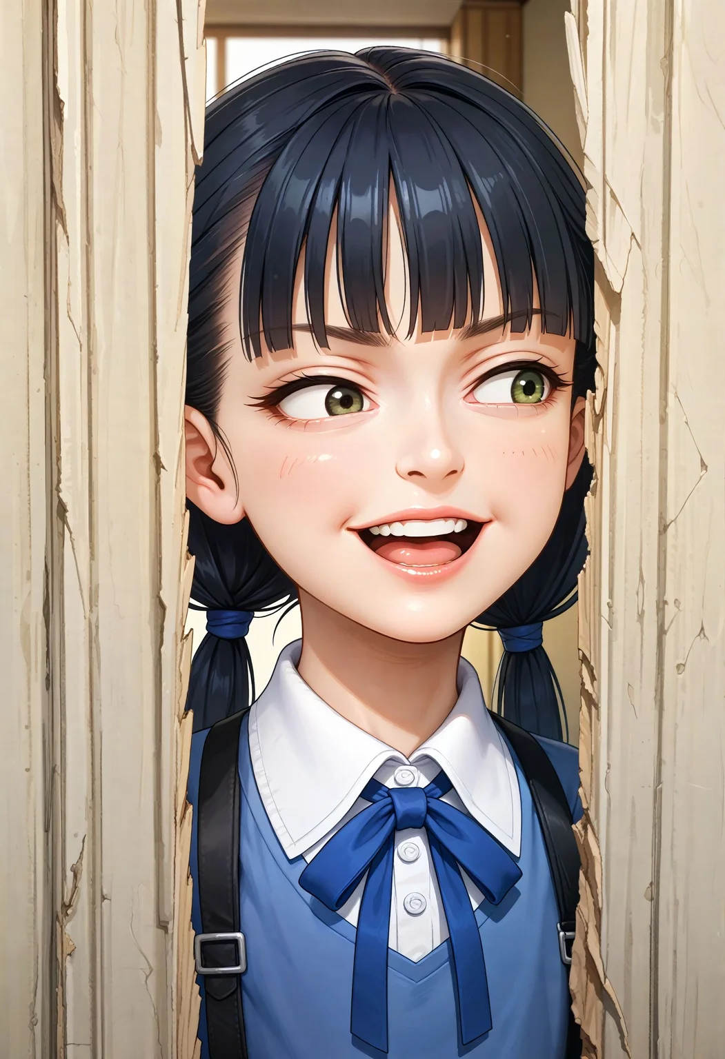score_9, score_8_up, score_7_up, source_anime, anime screencap, masterpiece, insanely detailed, detailed background, zPDXL3, rating_safe,
<lora:Hyper-SDXL-8steps-lora:1> <lora:StS_PonyXL_Detail_Slider_v1.4_iteration_3:2>
1girl, black hair, bangs, Straight bangs, blunt bangs, hime cut, long hair, straight hair, low twintails, long pigtails, hair tie, blue hair tie,
dress, blue dress, white blouse, neck ribbon, bule ribbon, suspenders,
<lora:hrsjhy_pdxl_EliPot:1>
hrsjhy, open mouth, clenched teeth, evil grin, broken door, door, looking to the side, portrait,