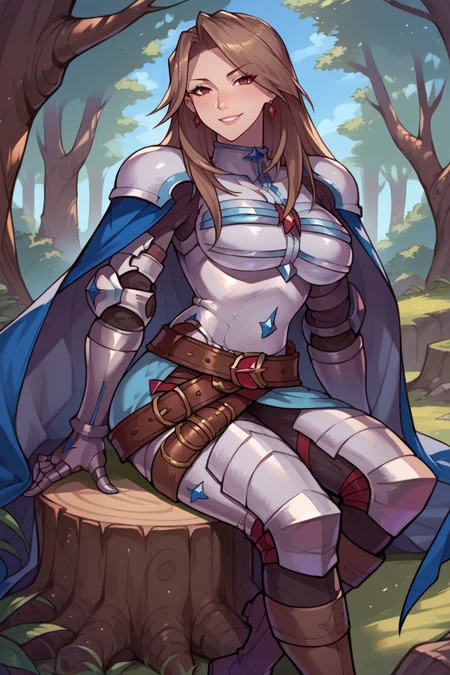score_9, score_8_up, score_7_up, score_6_up, source_anime BREAK 1girl, solo <lora:katalina-pdxl-nvwls-v1-000007:1> defKat, brown hair, long hair, earrings, armor, blue cape, belt, gauntlets, armored boots, large breasts, sitting on tree stump, forest, looking at you, smile, boots