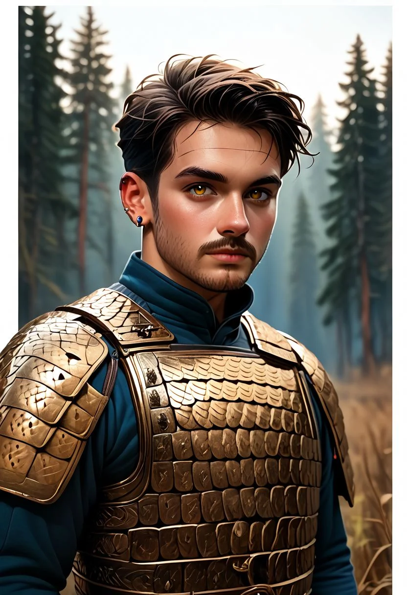 score_9, score_8_up, score_7_up, big muscular young handsome man, white mustache, 1 boy, buff, bulky, wearing heavy scale armor, golden armor scale vambraces, solo, symmetrical, upper body. long flowing white hair,looking at viewer,yellow eyes,closed mouth, piercings,border,ear piercing, forest background, <lora:[GP] somethingweird [Pony XL]:0.2>, <lora:g0th1cPXL:0.3>, <lora:Concept Art Twilight Style SDXL_LoRA_Pony Diffusion V6 XL:0.8>,  ((SCLARMR, Scale Armor, Lamellar Armor))