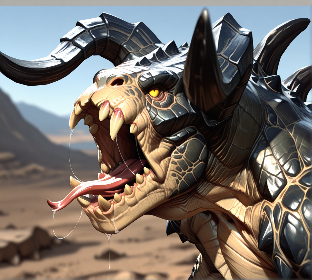 detailed face, detailed body, detailed background, perfect hands, perfect anatomy, masterpiece, high quality, best quality,
wasteland, ((blurry background)), close up, portrait, (three quarter view), side view, open mouth, roar, saliva, drool, drooling, saliva strand, forked tongue, tongue, 
solo, d3athclaw, monster, creature, scales, textured skin, horns, sharp teeth, spikes, fangs, yellow eyes muscular, 
<lora:Deathclaw for Illustrious:0.9>, <lora:detailed_notrigger:0.4>