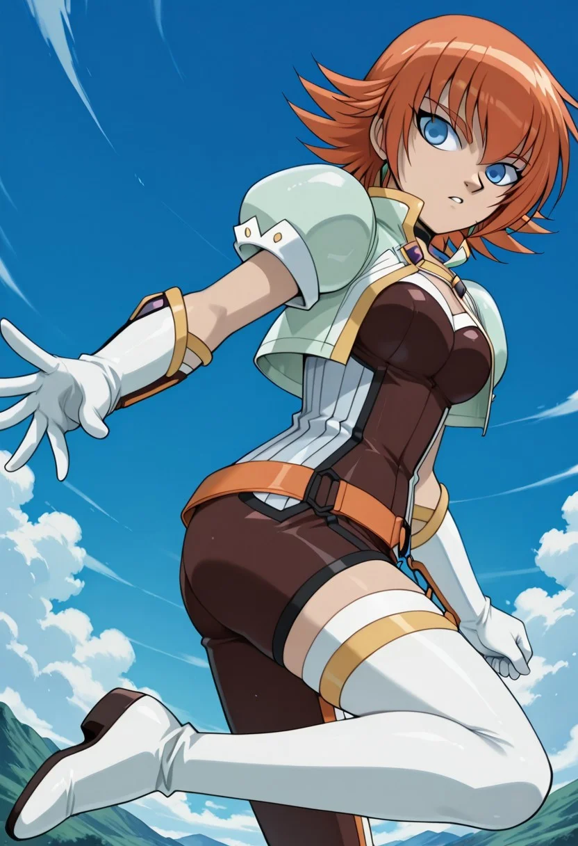 score 9, score 8 up, score 7 up, anime screencap, anime art style, bakugan, bakugan new vestroia, mira clay, 1girl, solo, blue eyes, gloves, orange hair, cloud, short hair,single stocking, sky, day, open mouthanime one leg exposed, asymmetric outfit, one leg bare, unbalanced clothing, leg exposure on one side