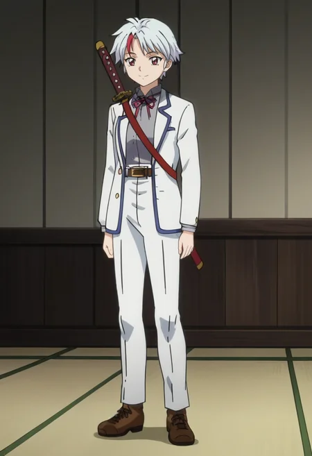 source_anime,anime screencap, anime coloring,intricate details,rating_safe, masterpiece, best quality,
(best quality, absurd res, ultra detailed),,(4 finger:0.5),1girl, ((solo)), good eyes,perfect eyes,,detailed eyes, zPDXLxxx , zPDXL3, OverallDetail,detailed, detailed face
BREAK
solo,indoors,standing,front view, full body, sword,
towa, 1girl, red eyes, short hair, white jacket, grey shirt, long sleeves, white pants, belt, multi-colored hair, streaked hair, white hair, 
smile
, <lora:add-detail-xl:5>  <lora:Towa_Inuyasha_-_Yashahime:0.8>