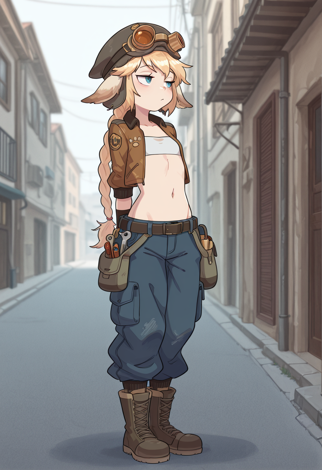 (detailed background:1.1), thick outlines, outdoors, street, <lora:Rapscallion_Illustrious:0.4> rapscallionstyle, <lora:v1:0.8> <lora:Marianne_Guardian_Tales:0.8> 
BREAK
(1girl, solo:1.2), (mariannegt, blonde hair, long braid, animal ears), standing, arms behind back, 
BREAK
gloves, cargo pants, (jacket:1.3), boots, goggles on headwear, belt, tools, belt pouch,
BREAK
flat chest