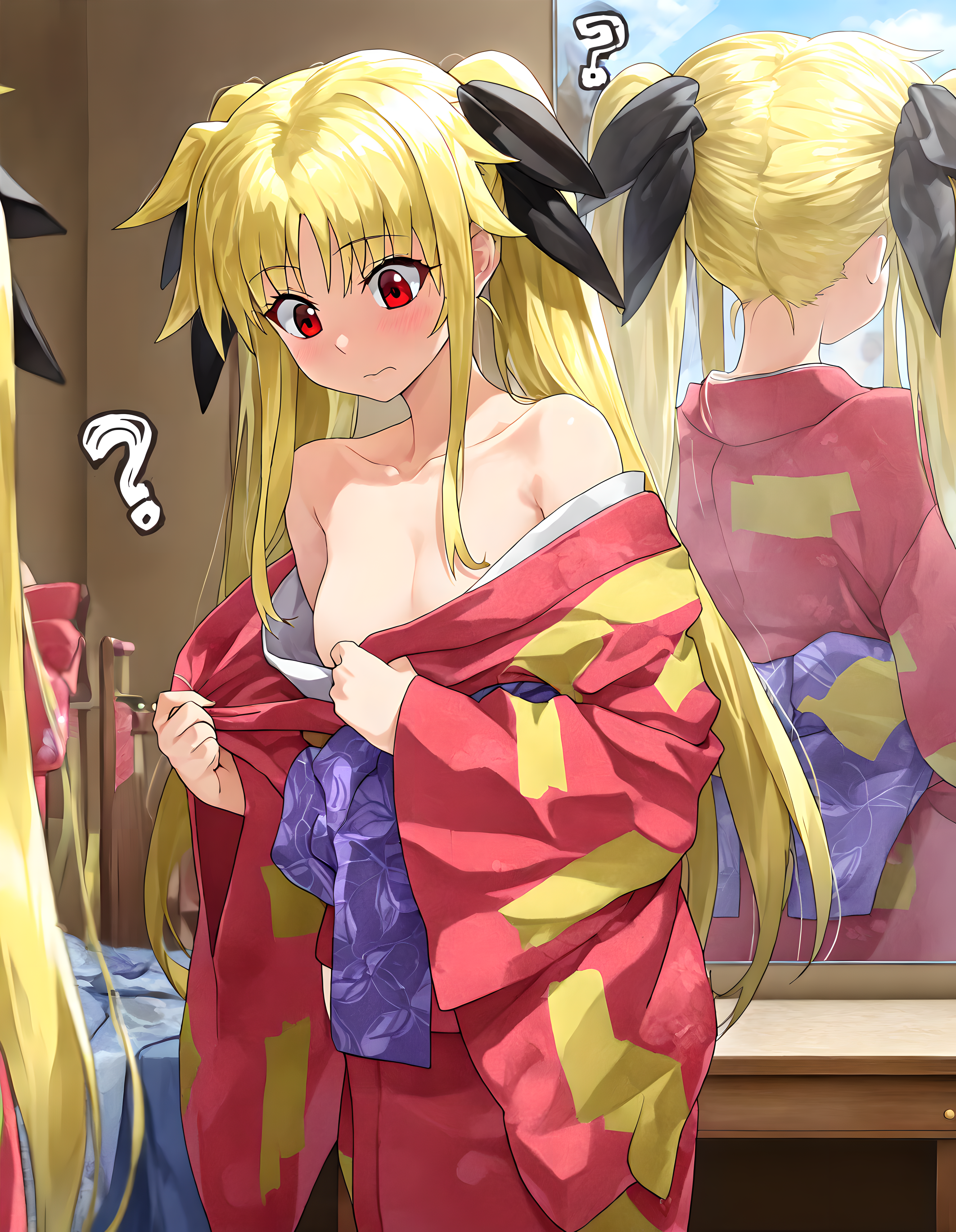 <lora:illustrious_XL_fate_v2:0.9>,fate,masterpiece,best quality,good quality,1girl,solo,japanese_clothes,unraveled obi,collarbonea,day,indoor,ownroom,bedroom,makeup table,mirror,reflection,undressing,i don't know how to wear a kimono,cowboy_shot,embarrass,what?,