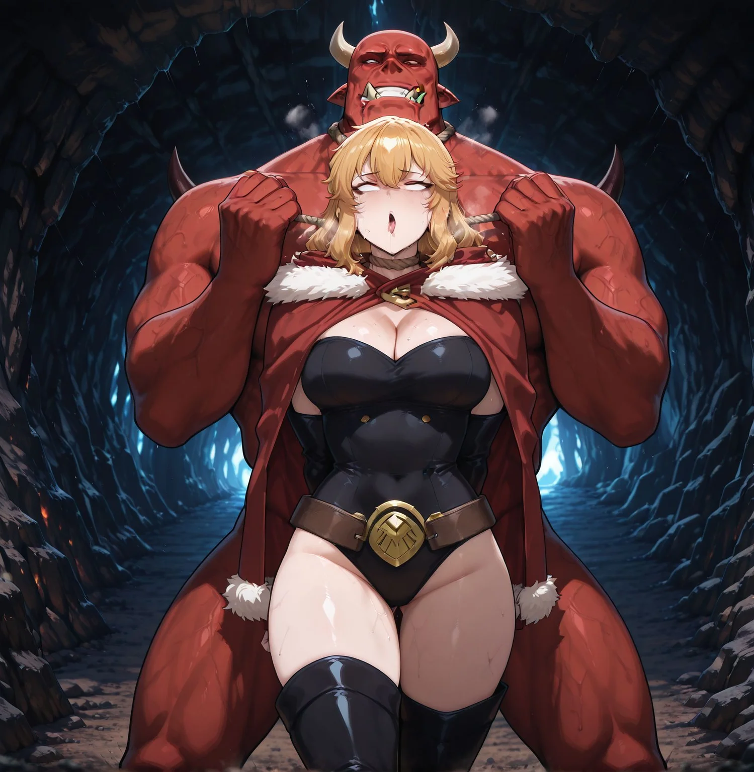 masterpiece, absurdres,amazing quality, best quality, detailed background, 8k,
outdoors, cave,
<lora:Choke_Hold_r1:0.8>Choke_HoldV1,
rope around neck, tied neck,another hands holding rope around neck,
suffocation, man from behind,Pain, Struggle,rolling eyes,
giant red orc\(sololeveling\),
gina\(sololeveling\),
fur-trimmed cape, thigh boots,black leotard ,
<lora:Gina_-_Solo_Leveling:1>
