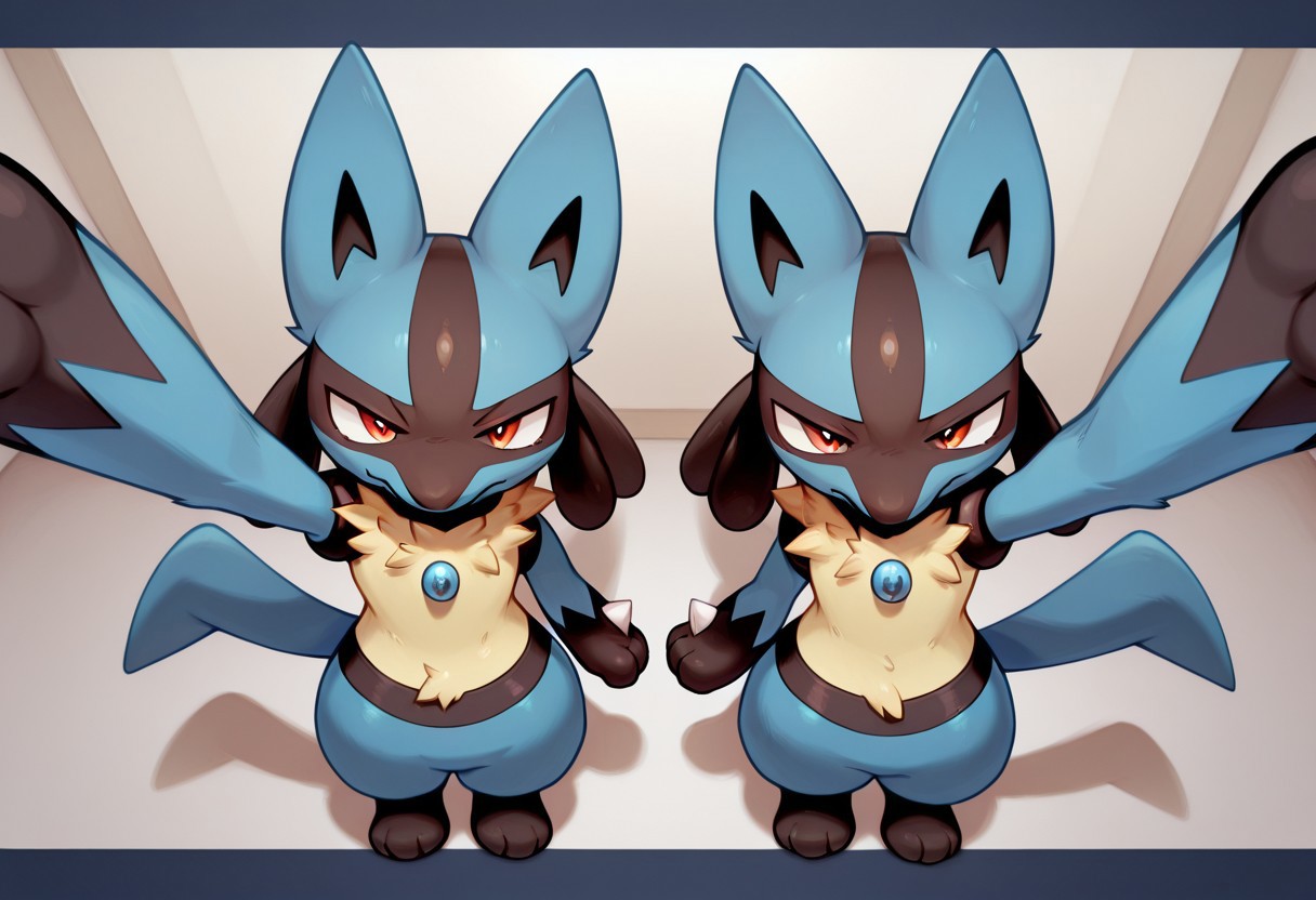 (masterwork, male focus, luc4r10, pokemon (creature),  duo, award-winning, masterpiece, best quality, 50lly2, 8k uhd::1.4), 
  mikus-concept, smug standing pose, full body, bellow view, top view, cute