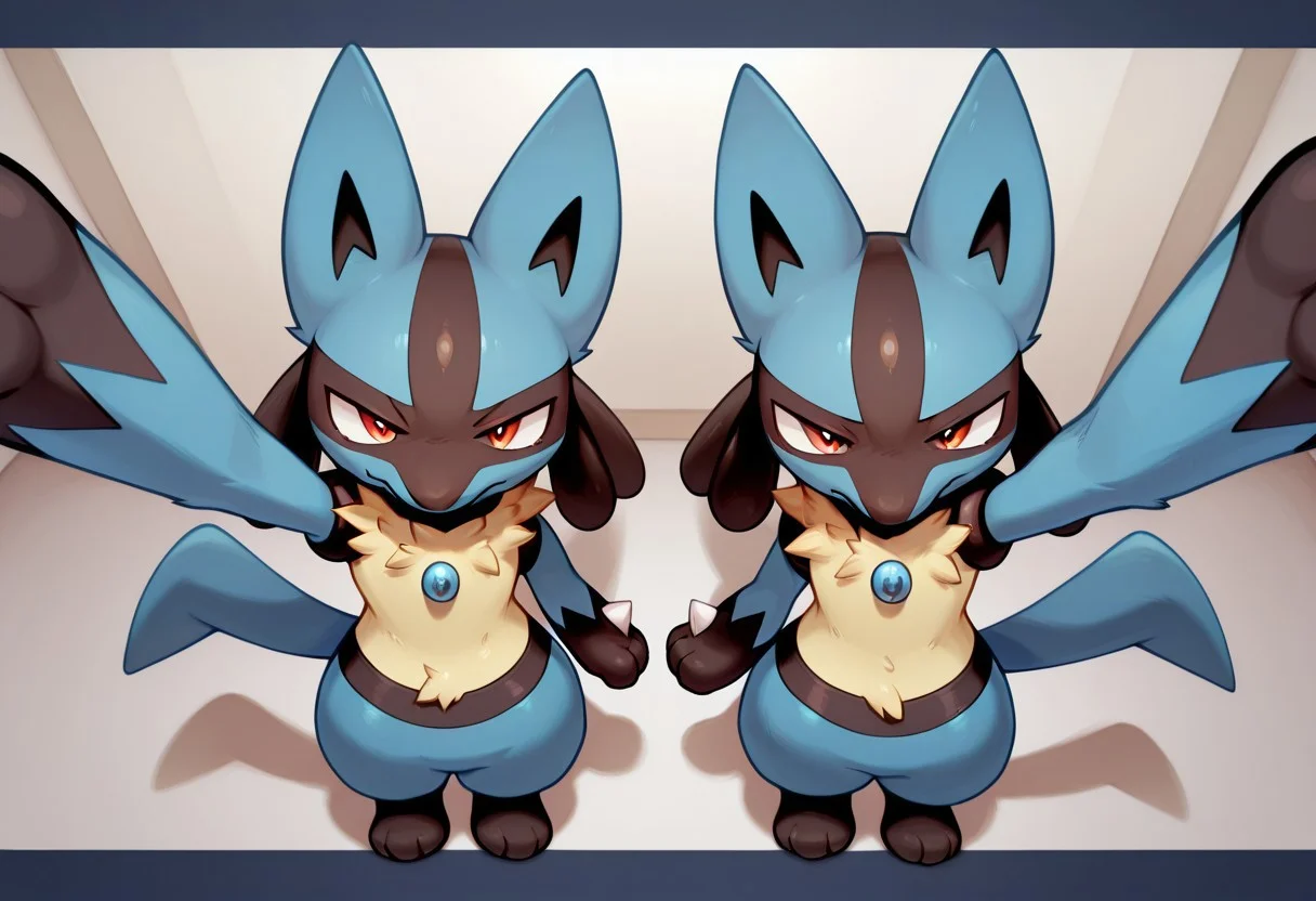 (masterwork, male focus, luc4r10, pokemon (creature), duo, award-winning, masterpiece, best quality, 50lly2, 8k uhd::1.4),
mikus-concept, smug standing pose, full body, bellow view, top view, cute