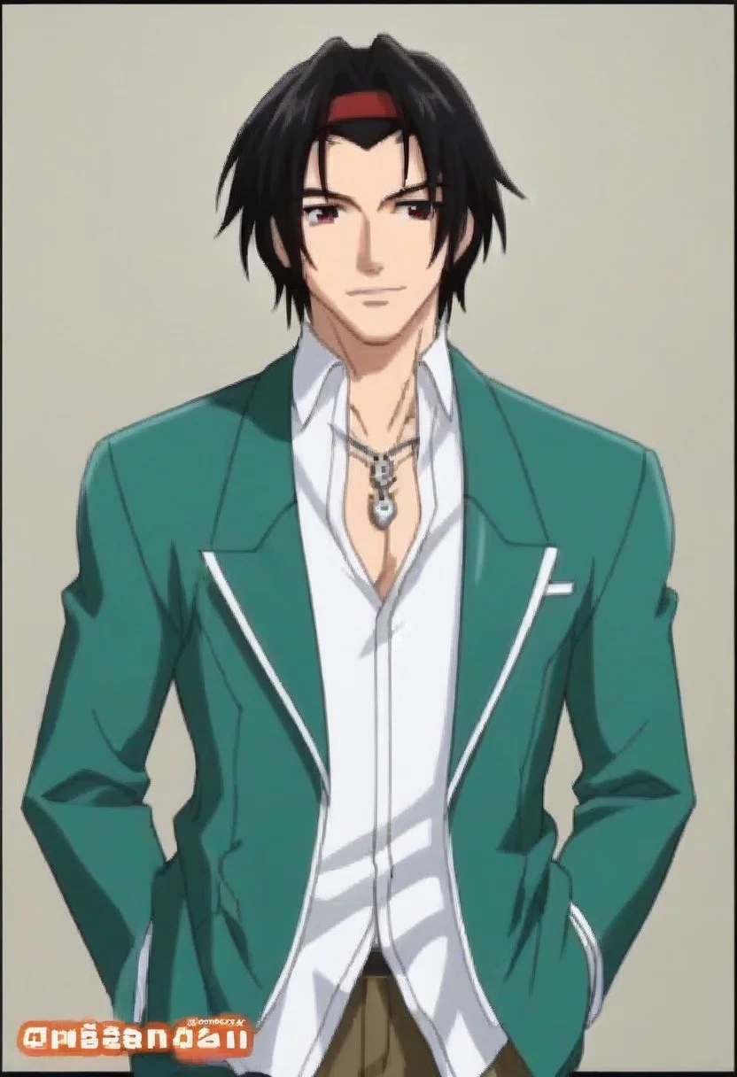 ((masterpiece)), ((best quality)), ((ultra-detailed)), score_9_up, score_8_up, score_7_up, HD, top quality, best quality, High-quality illustrations, anime screencap, perfect anatomy, ((1male, 1boy, solo male, solo male focus)), anime, anime boy, male anime character, lean body, slim body, fit body, athletic body, handsome, attractive, sexy, Ginei Morioka, black hair, red eyes, red headband, silver necklace, green blazer, open blazer, light brown pants