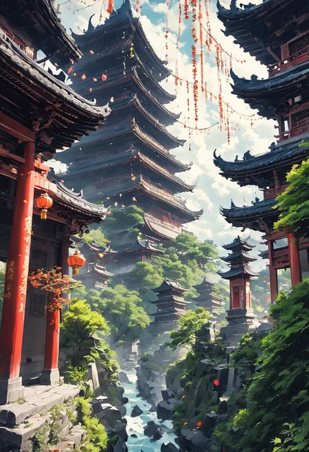 sky, pagoda, temple, gate, torn pants, human, forehead marks, blur, plants, floating, Spirited Away