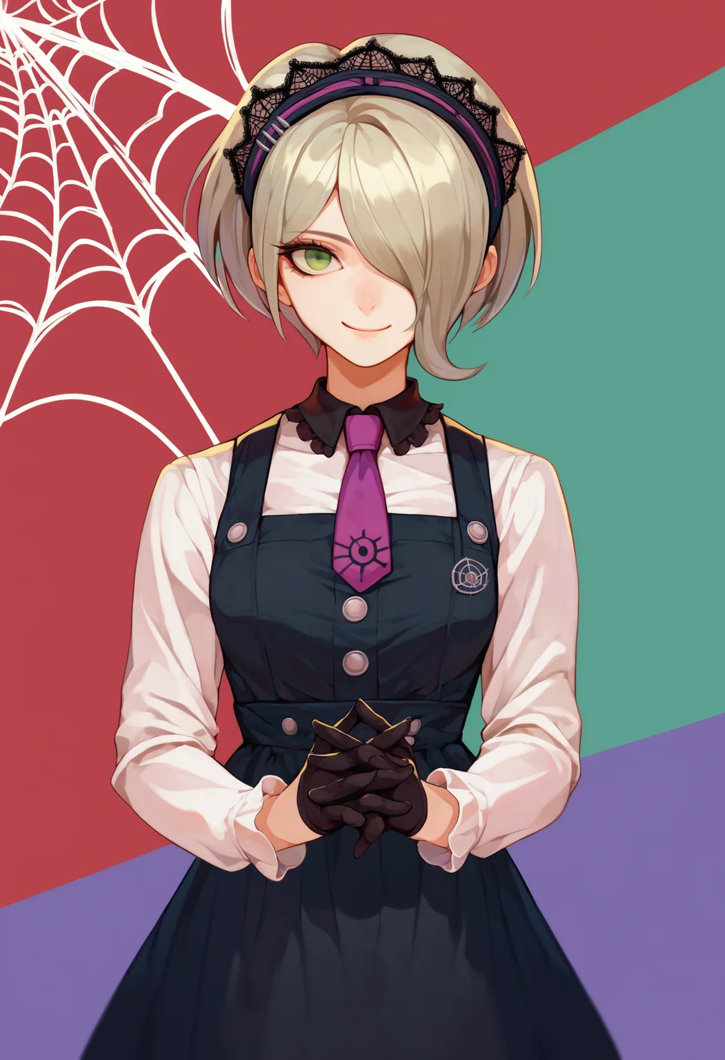 score_9_up score_8_up score_7_up, simple background, own hands together, smile, looking at viewer
BREAK
score_9_up score_8_up score_7_up, tojo kirumi default, 1girl, short hair, green eyes, hair over one eye, grey hair, maid headdress, bangs, gloves, black gloves, necktie, shirt, dress, pinafore dress, black collar, long sleeves, spider web print, black dress, white shirt, collared shirt, maid, purple necktie
<lora:danganranpa_v3_pony_d16:1>