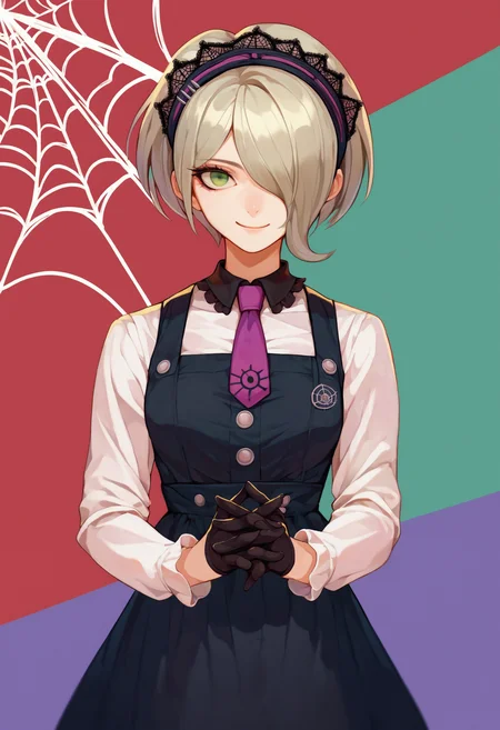 score_9_up score_8_up score_7_up, simple background, own hands together, smile, looking at viewer
BREAK
score_9_up score_8_up score_7_up, tojo kirumi default, 1girl, short hair, green eyes, hair over one eye, grey hair, maid headdress, bangs, gloves, black gloves, necktie, shirt, dress, pinafore dress, black collar, long sleeves, spider web print, black dress, white shirt, collared shirt, maid, purple necktie
<lora:danganranpa_v3_pony_d16:1>