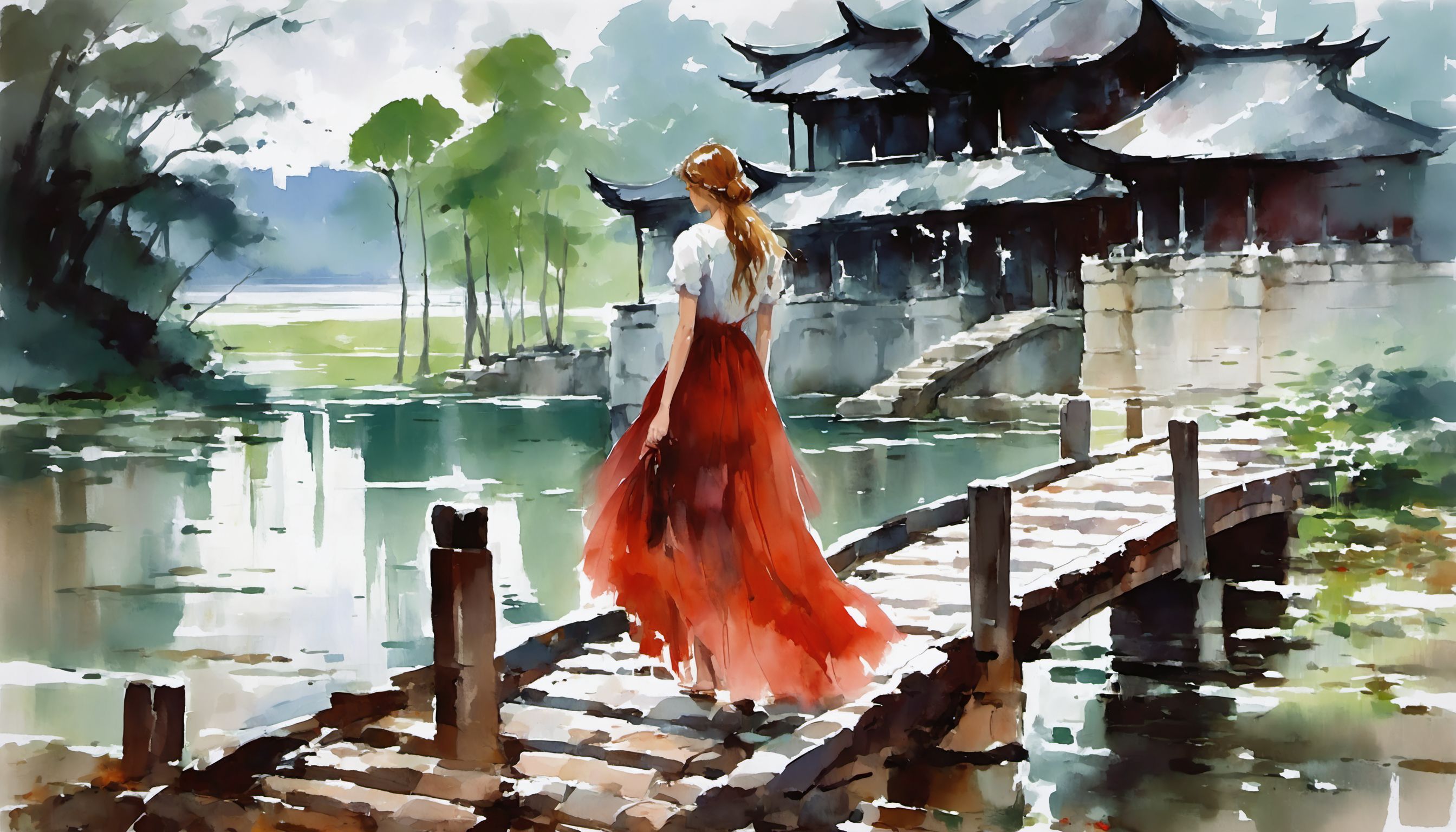 <lora:[XL]The_moonlight_over_the_lotus_pond:1>A girl in a long dress stood on a broken bridge by the lake