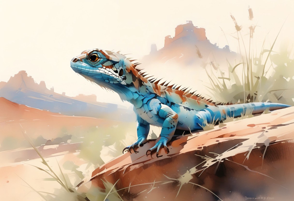 close up, macro photography of a turquoise lizard on a flat red ocre rock, several tones of blue scales, red grainy rocks, soft and delicate grass, small peebles, deep rich ocre palette, navajo sacred land, blazing sunset, etheral landscape, watercolor, deep tones, oil and watercolor painting