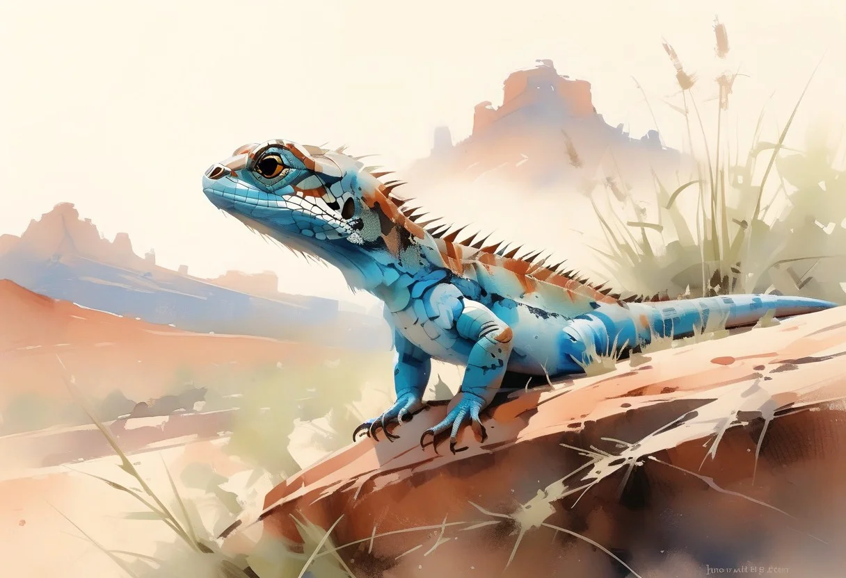 close up, macro photography of a turquoise lizard on a flat red ocre rock, several tones of blue scales, red grainy rocks, soft and delicate grass, small peebles, deep rich ocre palette, navajo sacred land, blazing sunset, etheral landscape, watercolor, deep tones, oil and watercolor painting