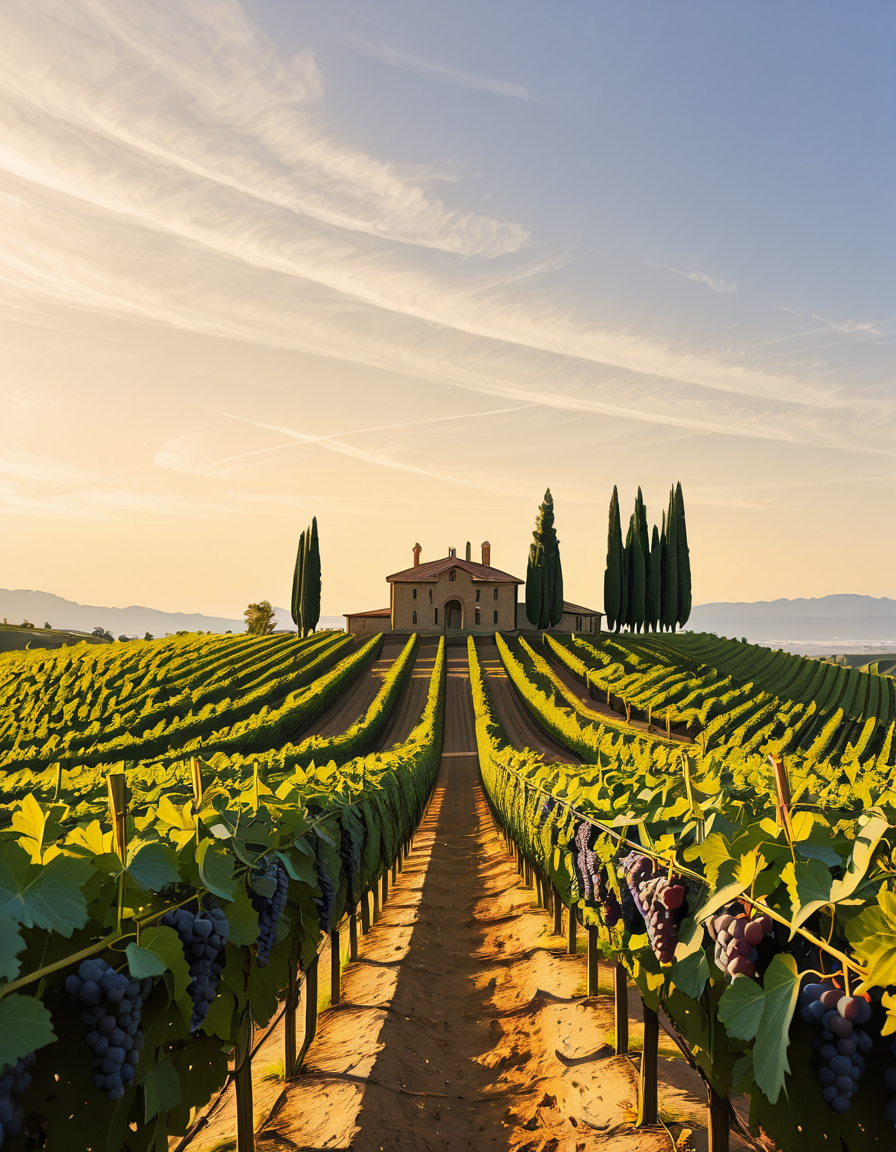 A breathtaking vineyard stretching across rolling hills, bathed in the warm golden light of late afternoon. The neatly aligned rows of grapevines are lush and vibrant, their deep green leaves contrasting with the rich, fertile soil beneath them. The vines are heavy with ripe, plump grapes in shades of deep purple and rich green, glistening under the sunlight. In the background, a rustic stone farmhouse with a terracotta roof sits atop a small hill, surrounded by tall cypress trees. A narrow dirt path winds through the vineyard, leading towards the farmhouse. The sky is a soft blue with wispy clouds scattered across the horizon. In the distance, a range of low mountains adds depth to the landscape. The atmosphere is peaceful and idyllic, evoking the charm of a traditional wine-growing region like Tuscany or Bordeaux. 
<lora:SDXLFaeTastic2400:0.4> <lora:extremely_detailed:0.4> extremely detailed
,v1n3y4rd <lora:v1n3y4rd-i:1>, Masterpiece,best quality,hi res,8k,hi res,8k,award winning,(sharp focus, intricate, highly detailed),