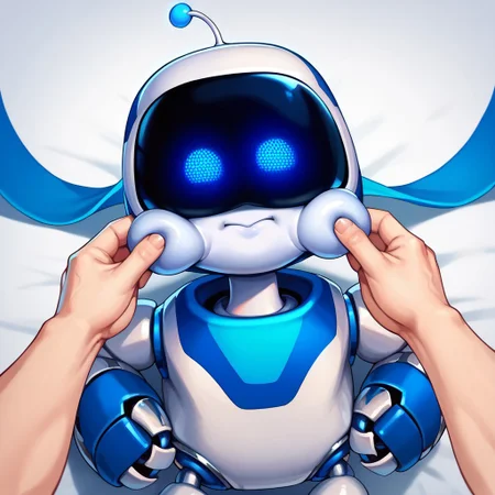 score_9, score_8_up, score_7_up,solo, humanoid robot, antennae, blue eyes, glowing, blue scarf, cheek pinching, pov hands, puffy cheeks