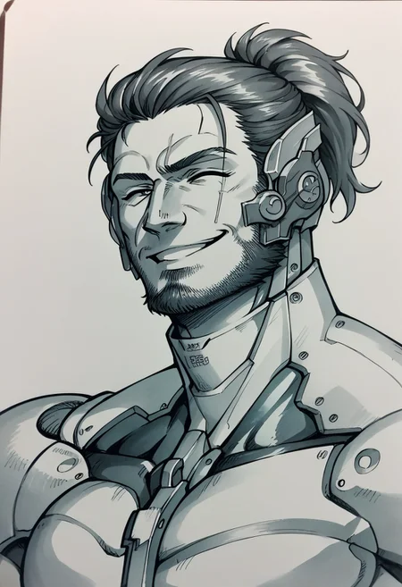score_9, score_8_up,score_7_up, source_ anime, traditional art, <lora:JetstreamSam_XLPD:0.8> JetstreamSam, cyborg, bodysuit, headgear, beard, upper , monochrome, simple background, winking, smiling,
<lora:Traditional_art_v4_USENEG:-0.75>