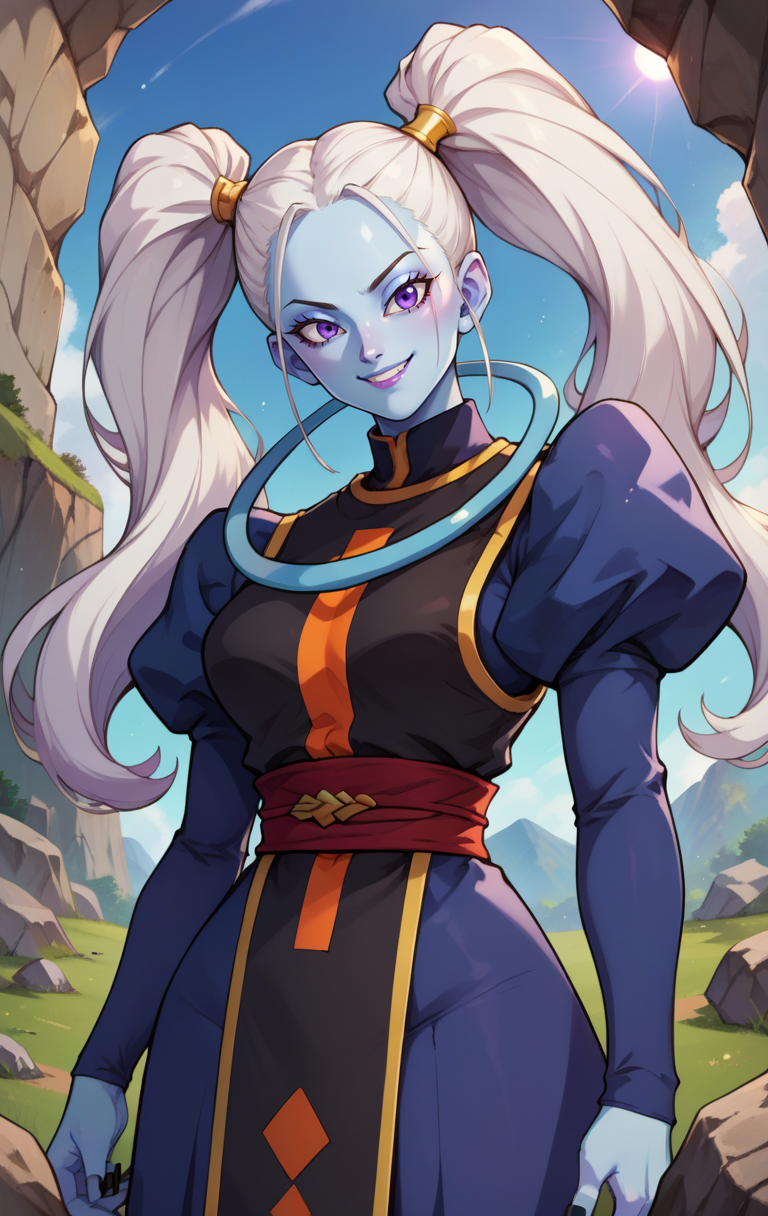 score_9, score_8_up, score_7_up, BREAK  <lora:marcarita:1> marcaritaSDXL, 1girl, solo, long hair, looking at viewer, smile, long sleeves, twintails, jewelry, cowboy shot, white hair, puffy sleeves, purple eyes, makeup, colored skin, juliet sleeves, black nails,  blue skin, hair pulled back, rocks background, from below