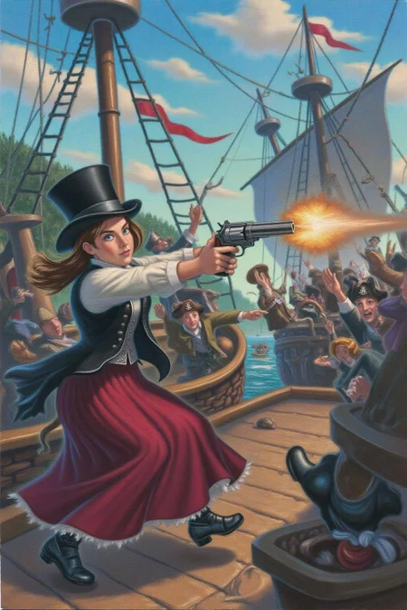 magr1 illustration.
A young woman's determined face, hair whipping slightly as she fires her pistol, smoke billowing forth. Her top hat, black vest, and flowing red skirt evoke a sense of Victorian-era elegance amidst the chaos of a pirate ship in battle, with men clashing in the background, blurred motion capturing the intensity of the scene. <lora:magr1_cap_d6a3e12:0.8><lora:828075806690551117:0>