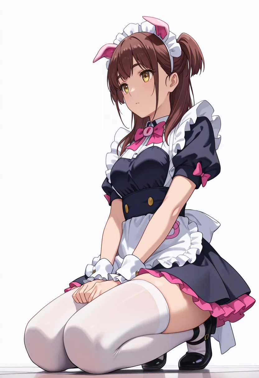 Smooth Quality,masterpiece,very intricate, high quality details, ultra realistic, high detailed skin,detailed enviorement,absurdres,
<lora:Wahira_Nagomi_CNR:0.8> wahira_cnr, 1girl,brown hair, long hair, two side up, yellow eyes,pig ears, fake animal ears,maid, maid headdress, maid apron, puffy short sleeves,white thighhighs, black footwear, wrist cuffs, frills, pink bowtie,, simple background, white background, from below,solo,
kneeling on floor, thighs together, hands resting on lap, spine straight ,, + -,