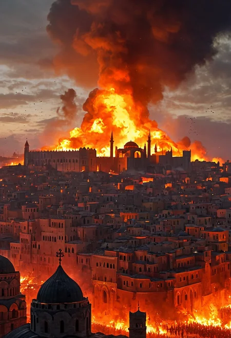 A dramatic scene depicting the fall of Constantinople, blending Byzantine and Crusader influences. The city’s iconic walls are crumbling as Ottoman forces, led by soldiers wearing dark, menacing armor, storm through the breaches. In the foreground, a group of Crusader knights, clad in white tunics with red crosses, valiantly defend the city, fighting fiercely against overwhelming odds. The Byzantine flag flutters in the wind, stained with blood. In the background, the majestic Hagia Sophia stands under a fiery sky, smoke rising from burning buildings. Ottoman cannons fire from the distance, while Greek soldiers retreat towards the inner city. The color palette is dark and fiery, with shades of red, orange, and black, conveying the chaos and desperation of the final moments of the Byzantine Empire.
, moody light, by H.R Giger, 4k resolution digital art trending on Artstation and unreal engine 5, hyperrealism, full body shot, glowing eyes, cinematic, epic, masterpiece, surreal, fantasycore, hyperdetailed, ultra realistic, octane render, volumetric lighting, depth of field, bokeh, 8 <lora:Details:0.85>
