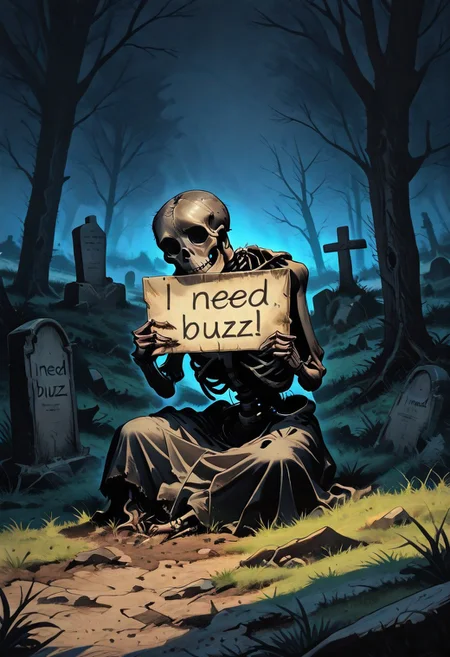 (masterpiece), (best quality), (4k), skeleton, sitting on old grave, holding placard sign, "I NEED BUZZ!" text, graveyard at night, overgrown grass, crooked tombstones, misty ground, foggy atmosphere, broken headstones, dead trees, cobwebs, moonlight glow, sad but funny, dark comedy, existential humor, ironic tone, cinematic composition, soft moonlight, rim lighting, volumetric fog, lonely vibe, depressing comedy, ambient occlusion, dramatic shadows, centered composition, medium shot, side angle, photorealistic details, soft focus, storytelling scene, melancholic tone, grainy texture, gloomy sky, faded flowers, night setting, dry humoneed_buzz, holding sign