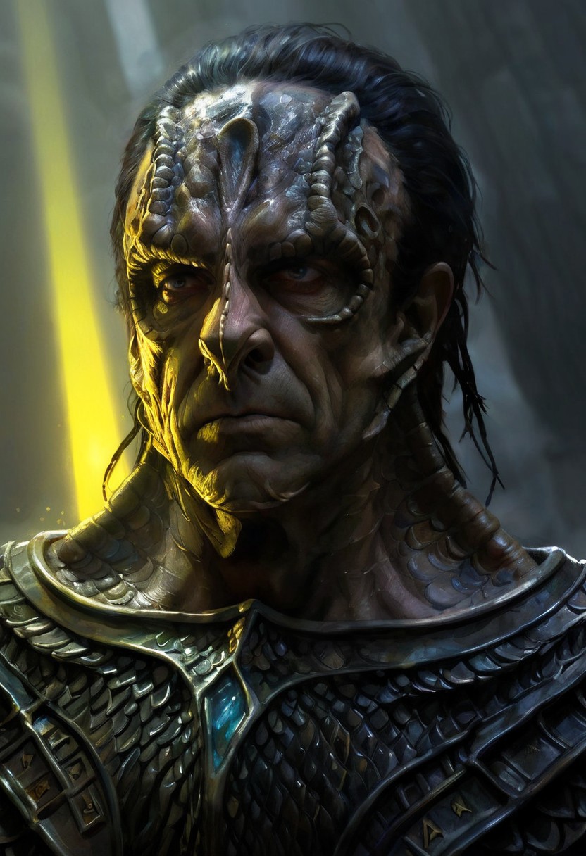 (a male c4rd45514n alien, forehead crest, grey skin, ridges, scales), militaristic, dynamic, moody, shadows, highly detailed, heavy armor, digital painting, artstation, concept art, smooth, sharp focus, illustration, art by Carne Griffiths and Wadim Kashin, good shadows, dim lit, devoid of color, low light, back light, hidden, obscured, black  hair, prismatic, monolith, obsidian, bright yellow god rays, sun circle