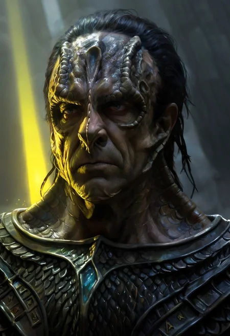 (a male c4rd45514n alien, forehead crest, grey skin, ridges, scales), militaristic, dynamic, moody, shadows, highly detailed, heavy armor, digital painting, artstation, concept art, smooth, sharp focus, illustration, art by Carne Griffiths and Wadim Kashin, good shadows, dim lit, devoid of color, low light, back light, hidden, obscured, black hair, prismatic, monolith, obsidian, bright yellow god rays, sun circle