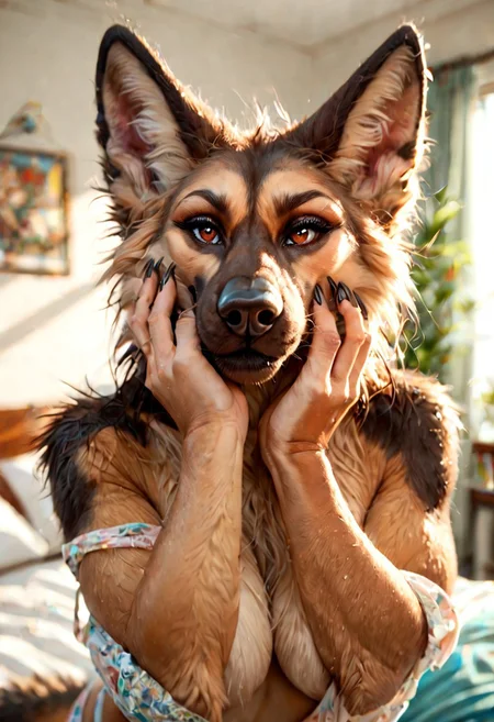score_9, score_8_up, score_7_up, score_6_up, source_furry, curvy, furry, fangs, detailed fur, brown fur, german shepherd, anthro, mature female, brown eyes, bedroom, 8k, very sharp, very detailed, blurred background, hand on cheek, kissing, incoming_kiss, POVkiss, reaching_out