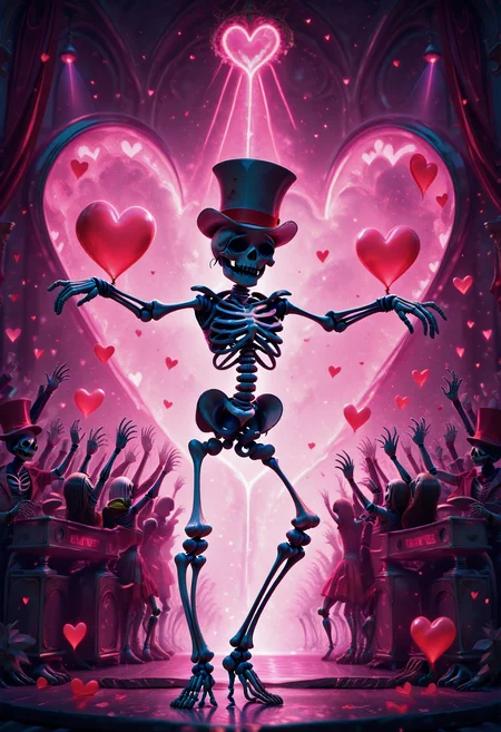 <lora:KFT_Romance_Style_Illustrious:2> kftlove, absurdres, highly-detailed, best quality, masterpiece, very aesthetic, 1boy, solo, skeleton, standing, dancing, fancy, rich, top hat, nightclub, heart