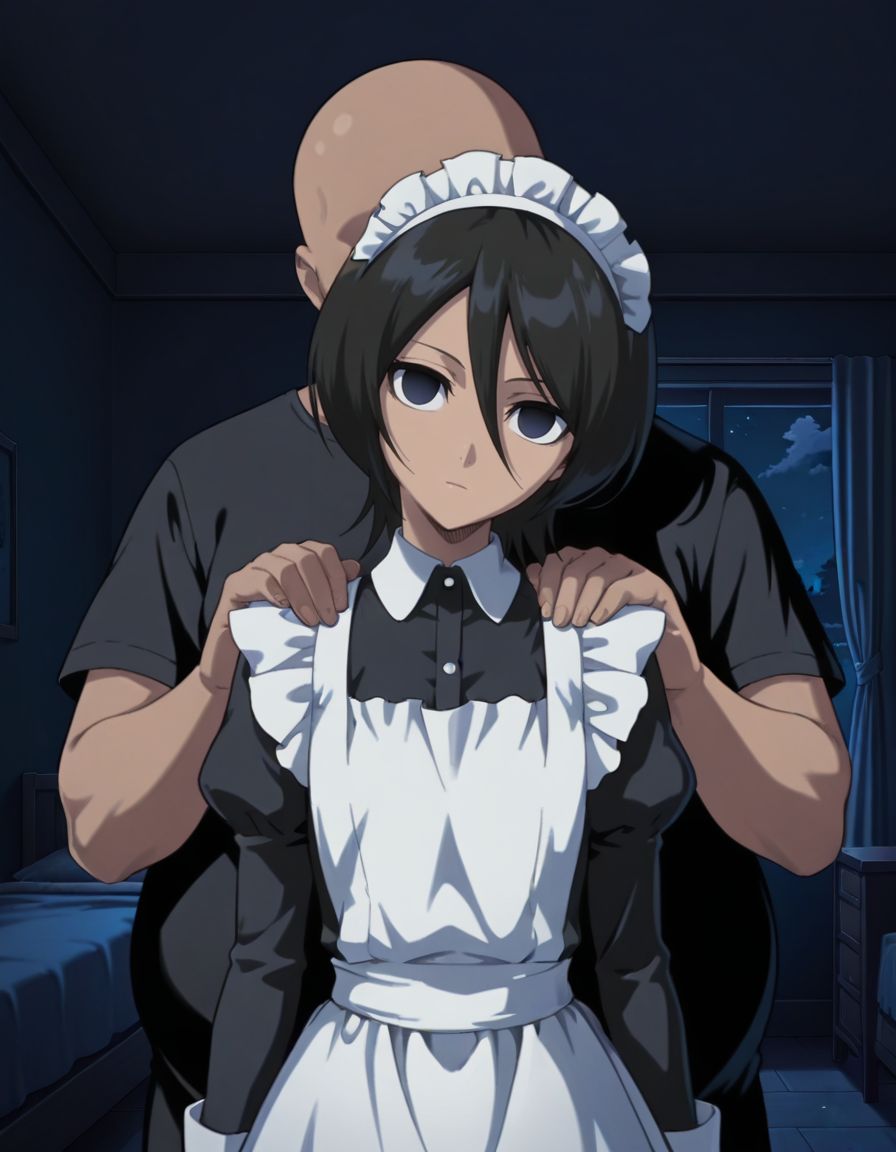 masterpiece, best quality,  <lora:Mind_Controlled_Rukia:1>, 4ukia, short hair, black hair, dark blue eyes, expressionless, empty eyes, (head tilt, maid:1.2), upper body, arms at sides, a faceless eyeless fat bald man standing side by side with a girl, putting his hand on her shoulder, flat chest, bedroom, dark room, night,