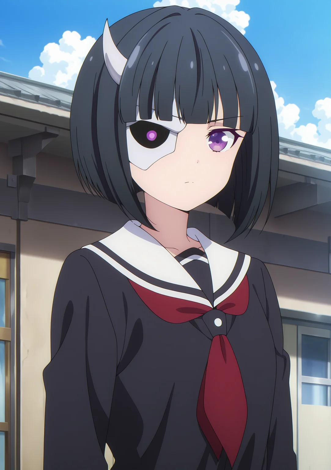 detailed background, official style,anime coloring, (anime screencap) masterpiece, detailed face,1girl<lora:Rin_Onigawara__:0.8>Rin_Onigawara, solo, school uniform, black hair, serafuku, short hair, sky, purple eyes, looking at viewer, blue sky, day, bangs, upper body, neckerchief, closed mouth, sailor collar, horns, bob cut, red neckerchief, long sleeves, outdoors, cloud, blunt bangs, black serafuku