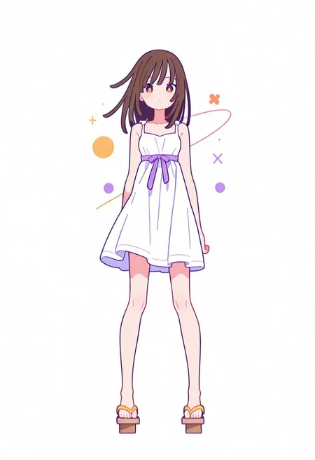 Flatline, Flat vector illustration, looking at viewer, full_body,
nadeko, long hair, long bangs, brown hair, white dress, sundress, ribbon, bare shoulders,
slim, slender, knees, long legs, beautiful legs, barefoot, geta wooden sandals,
from front, front view, straight-on, look at viewer, standing, (legs apart:1.4),
white background,