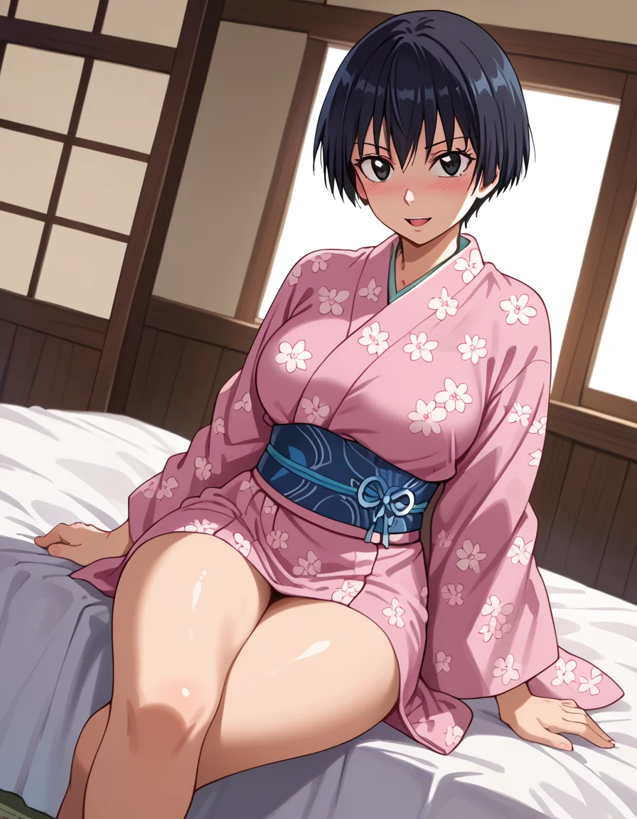 score_9, score_8_up, score_7_up, source_anime, anime screencap, anime coloring, masterpiece, best quality, uncensored, 1girl, solo, (cowboy shot:1.2), satomi manabe, short hair, large breasts, black eyes, black hair, japanese clothes, breasts, kimono, yukata, obi, sash, tabi, floral print, <lora:Manabe Satomi_Hajirai Body_Pony:0.9>, dutch angle, sitting, crossed legs, looking at viewer, (seductive smile, sultry, serious stare, stern look), open mouth, nose blush, indoors, bedroom, bed, cute face, shiny body, shiny skin, (skindentation:1.2), clear skin, shiny hair, ultra detailed eyes, depth of field, sharp, (intricate details, hyperdetailed:1.15)