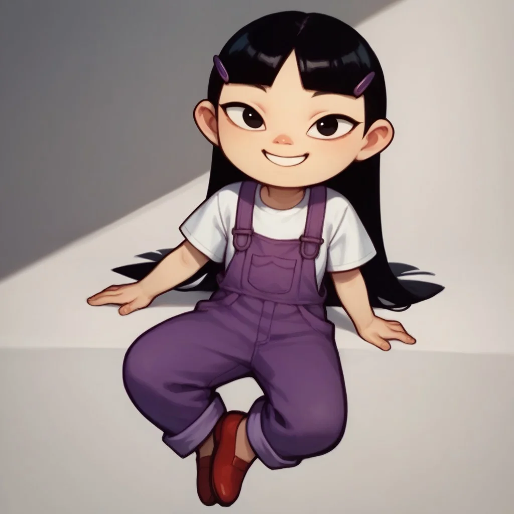 score_9, score_8_up, score_7_up, KimPPG, 1girl, long black hair, blunt bangs, black eyes, purple hairclips, purple overalls, short-sleeve white shirt, short-sleeve white undershirt, red shoes, smiling at viewer,