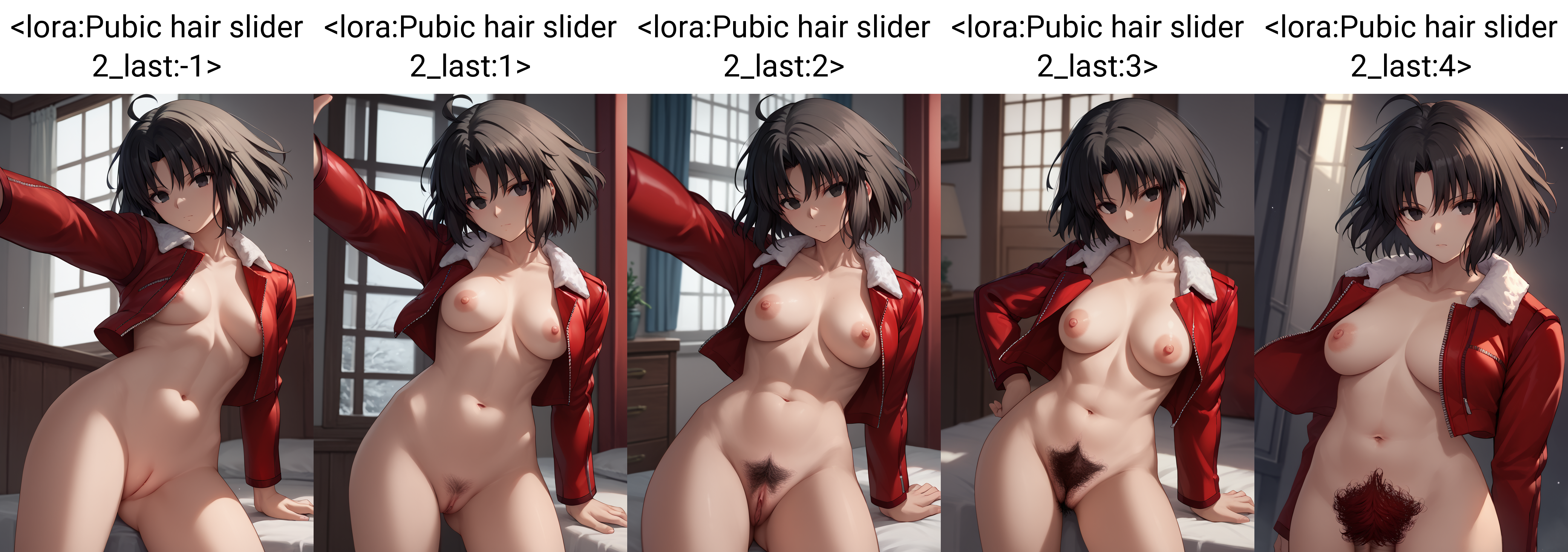 score_9, score_7_up, 1girl,  looking at viewer, nude, pussy,      <lora:Pubic hair slider 2_last:-1>    <lora:Shiki:1> ryougi shiki, short hair, black hair, black eyes, red leather jacket, fur trim
